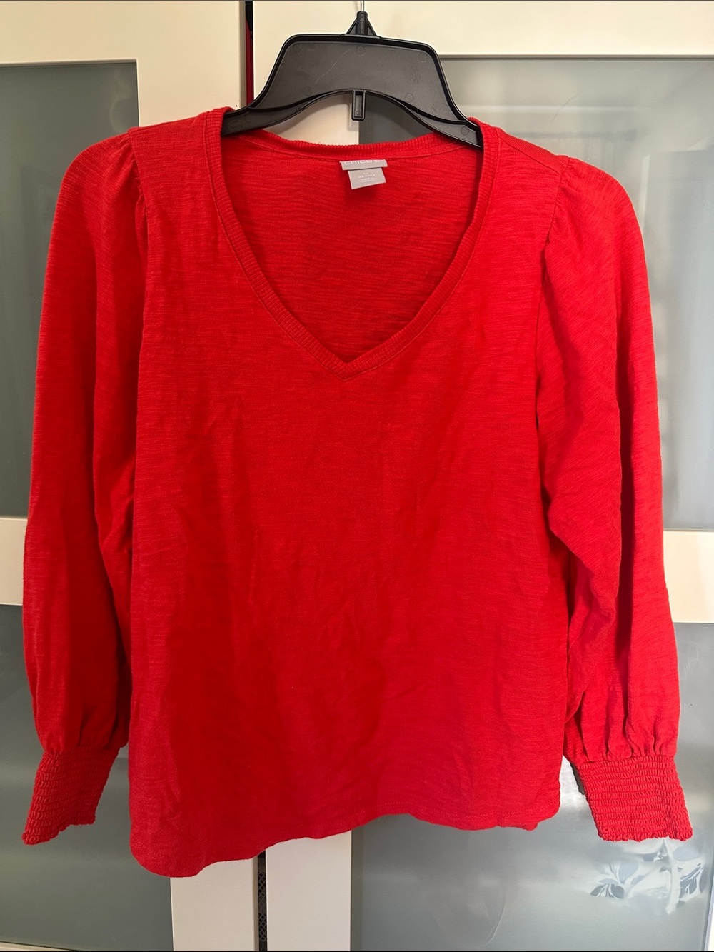 Chico's Salmon Color V-Neck Puff Sleeve Pullover